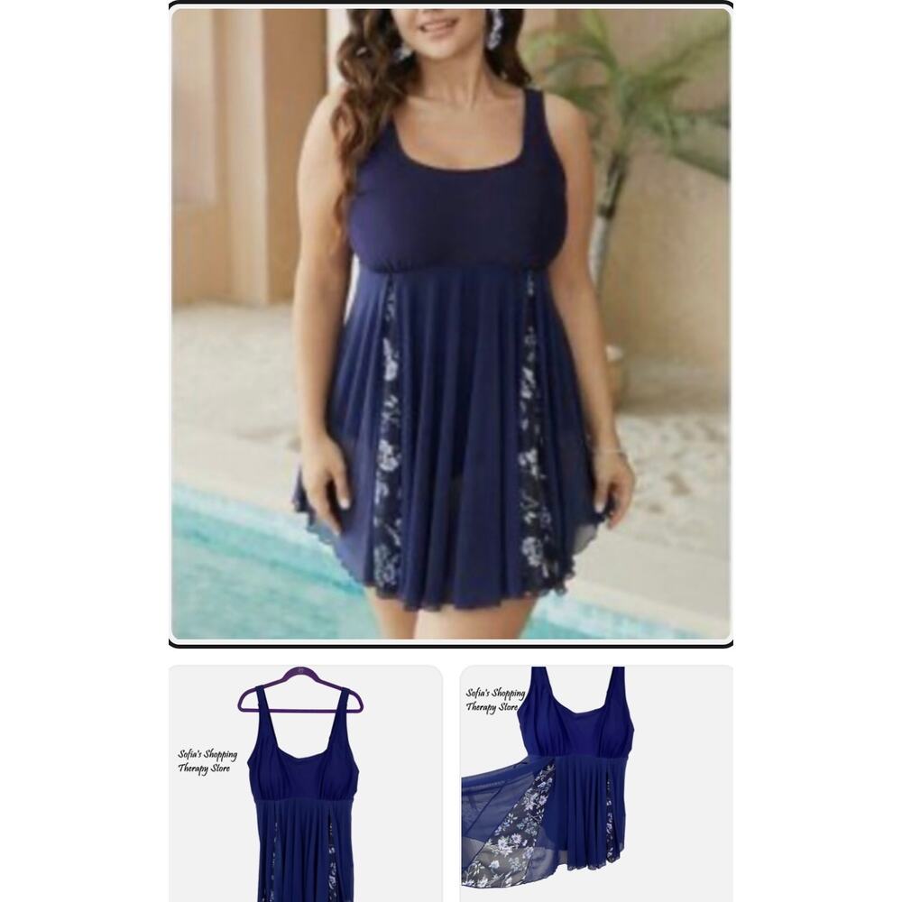 BloomChic New Solid Ruffle Patchwork Trim Mesh Swim Dress Indigo Blue 10